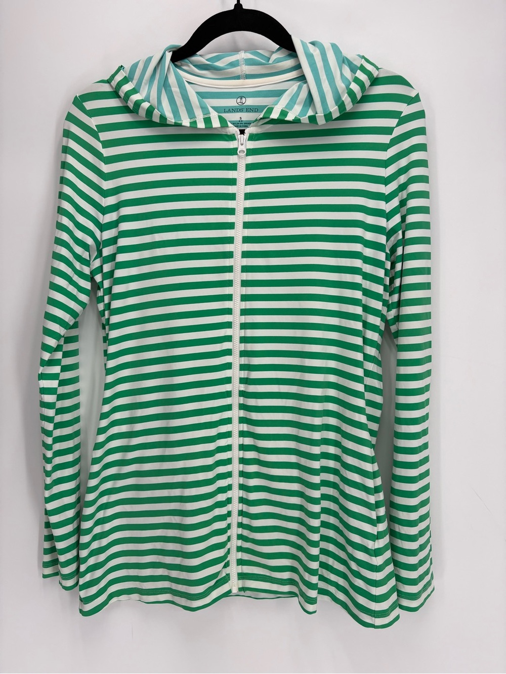🔱 Lands' End Green & White Striped Hooded Zip sun shirt